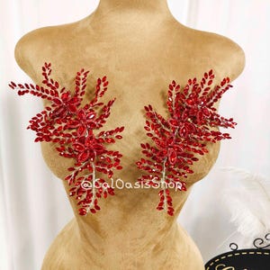 Op de afbeelding: Twee rode strass bloemen applicaties, elk met een centrale cluster en vertakte stelen van kleinere stenen. De applicaties worden op een mannequin getoond. De naam van de winkel, "@CalOasisShop", is zichtbaar.