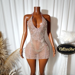 Vestidos curtos de festa de aniversário, decote halter, com corrente de strass rosa, para mulheres, para clube, luxuosos, curtos, vestidos de baile, vestidos sensuais para clube