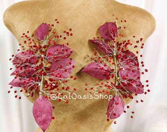 3D rotes Blatt Strass Applikationen Paar: Luxus Kristall Hochzeit Haarschmuck