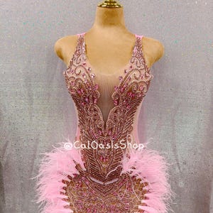 Luxury Pink Birthday Dress for Women, Handmade Rhinestone Sexy Mini Party Dress with Feather, Sparkly Dance Outfit Costume Performance