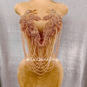 Beaded Tassel Rose Gold Rhinestone Bodice Applique Front for Women Dress Embellishments, Rhinestone Applique Patch for Birthday Party Dress