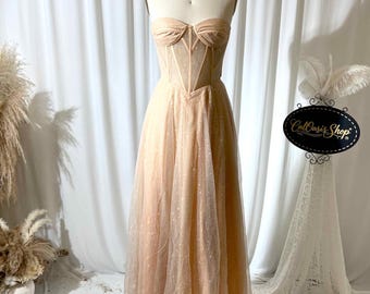 Custom Strapless Champagne Tulle Slit Prom Dress, Sheer Corset Bodice Formal Gown, Floor Length Wedding Guest Bridesmaid Dress