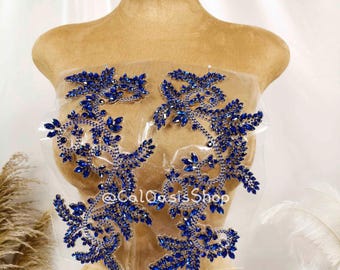 Luxury  Iron on Rhinestone Vine Applique: Blue Crystal Leaf Patch, Wedding Gown DIY Trim