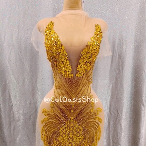 Gold Rhinestone Full Body Bodice Applique, Crystal Template with Mesh Material, Beads Rhinestone Applique Patch for Ball Gown Prom Dress