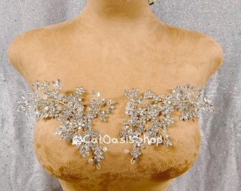A Pair Handmade 3D Silver Rhinestone Wire Applique, 3D Hair Embellishment for Wedding, Handcrafted Crystal Applique DIY