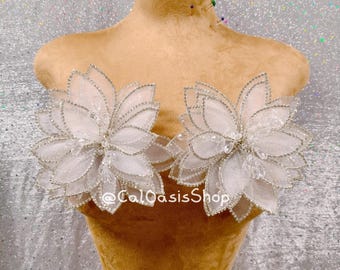 2 PCS 3D White Flower Wire Applique, Floral Crystal Applique Wedding Dress Embellishment
