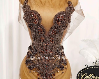 Sparkly Brown Full Body Rhinestone Bodice Appliques Front: Rhinestone Applique Patch for Dress DIY