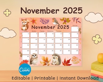November 2025 Calendar: Fall Theme, Editable Canva Template (Printable)