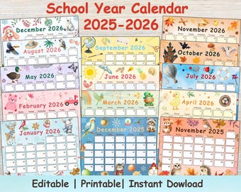 Editable School Year Calendar 2025-2026, Printable Monthly Planner, Academic Calendar, Digital Download