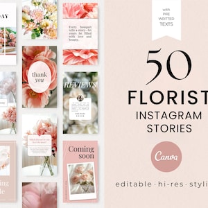 50 Florist Instagram Story Templates: Editable Canva Flower Shop Bundle