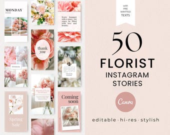 50 Florist Instagram Story Templates: Editable Canva Flower Shop Bundle