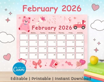 February 2026 Calendar | Printable Monthly Planner (Digital Download)