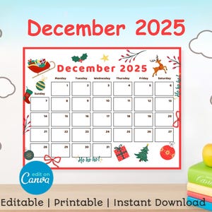 Julkalender för december 2025, redigerbar utskrivbar kalender (digital nedladdning)