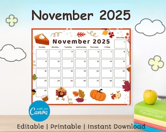 November 2025 Calendar: Fall Theme, Editable Canva Template (Printable)
