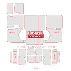 Puede incluir: Una plantilla de descarga digital para cortar paneles para una furgoneta Transit SWB. La plantilla está etiquetada como "tipo B" e incluye una variedad de formas y tamaños. La plantilla está diseñada para ser utilizada con una escala de 1:1 mm.