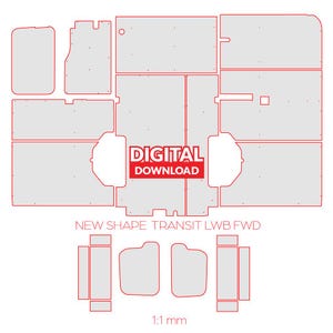 Puede incluir: Una plantilla de descarga digital para cortar un plano de suelo de furgoneta. La plantilla es para una furgoneta New Shape Transit LWB FWD. La plantilla está a escala 1:1 mm.