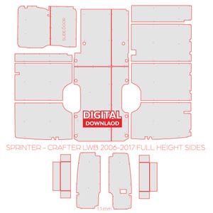 Op de afbeelding: Een digitale download sjabloon voor het uitsnijden van zijpanelen van een bestelwagen. De sjabloon is voor een Sprinter of Crafter LWB bestelwagen, modeljaren 2006-2017. De sjabloon is voor de volledige hoogte van de zijkanten. De sjabloon is op schaal 1:1.