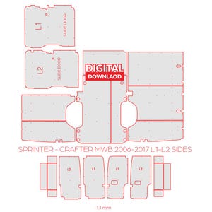 May include: A digital download template for a Sprinter-Crafter MWB van side panel, showing the layout for both L1 and L2 sizes. The template is in red lines on a grey background. The text "DIGITAL DOWNLAOD" is in red.