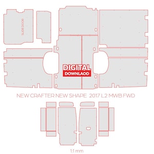 以下が含まれることがあります： バン用フロアライナーキットのデジタルダウンロードテンプレート。テンプレートは、2017年L2 MWB FWDニュークラフターバン用です。テンプレートは、グレーの背景に赤い線で示されています。テンプレートは1:1スケールです。