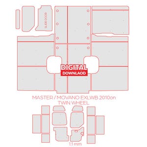 Puede incluir: Una plantilla de descarga digital para cortar alfombrillas para una furgoneta Master/Movano EXLWB, modelo de doble rueda, fabricada para vehículos a partir de 2010. La plantilla se muestra en líneas rojas sobre un fondo gris. El texto "DIGITAL DOWNLAOD" está en rojo sobre fondo blanco. El texto "MASTER/MOVANO EXLWB 2010on TWIN WHEEL" está en rojo. El texto "1:1 mm" está en rojo.