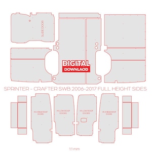 Pode incluir: Um modelo de download digital para um kit de painéis laterais de altura total para uma van Sprinter ou Crafter SWB, 2006-2017. O modelo inclui todas as peças necessárias para criar os painéis laterais, incluindo a porta deslizante, as portas traseiras e as portas de teto baixo. O modelo está na escala 1:1 e é impresso em vermelho sobre um fundo branco.
