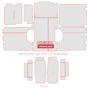 Puede incluir: Una plantilla de descarga digital para un kit de revestimiento de suelo de furgoneta para un Volkswagen Crafter L2 MWB RWD 2017. La plantilla se muestra en líneas rojas sobre un fondo blanco. La plantilla incluye el suelo, las paredes laterales y una puerta corredera.