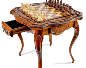 Wooden Chess Table with Bronze Details and Pieces, Beech Game Table, 24 Inch