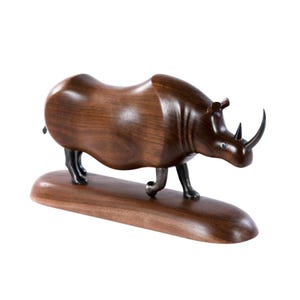 Wooden Rhinoceros Sculpture: Walnut Wood Rhino Figurine with Metal Accents / HANDMADE
