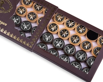 Wooden Backgammon Pieces With Bronze Octagram Sign