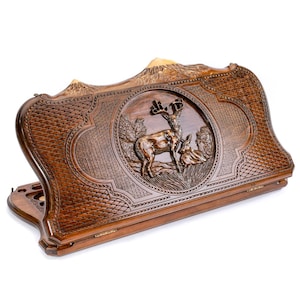 Hand Carved Backgammon Set: Engraved Deer, Mountain Design