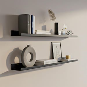 May include: Two modern floating shelves mounted on a wall. The top shelf holds books, a black vase with a plant, and decorative items. The bottom shelf displays a circular vase, books, and a framed print. The shelves are gray and black.