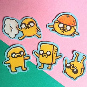 May include: Set of six illustrated stickers featuring a yellow dog character in various poses. The stickers are on a pink background.