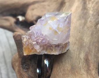 Amethyst Crystal Statement Ring Raw Stone, Raw Crystal with Druzy