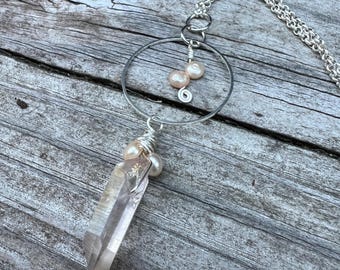 One-of-a-Kind Crystal, Hoop & Freshwater Pearl Necklace – Handmade Statement Gift