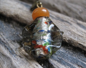 Fluted Gray Foil Lined Speckled Glass Lampwork and Orange Agate Beaded Zipper Pull Charm