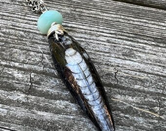 Orthoceras Fossil Pendant Necklace: Amazonite Gemstone, Natural History Jewelry