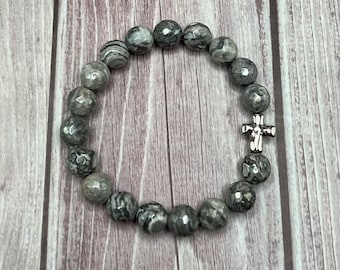 Gray stone beaded stretch bracelet with silver cross, Christian gift