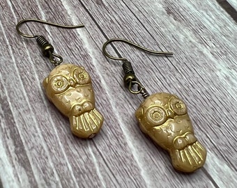 Owl Woodland Dangle Earrings Gold Pressed Glass Bead and Antique Brass