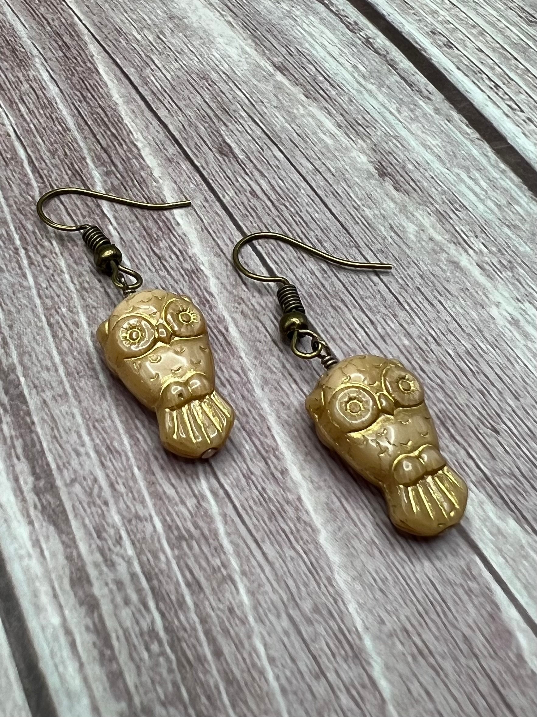 Owl Woodland Dangle Earrings Gold Pressed Glass Bead and Antique Brass