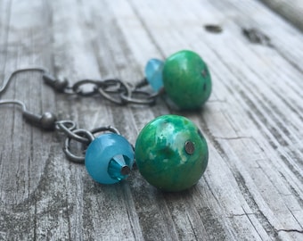 Aqua Blue and Teal Green Stone and Glass Beaded Dangle Earrings with Oxidized Silver Chain and Findings