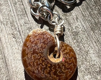 Fossilized Ammonite Charm Bracelet: Agate Opal Mineralized, Silver Chain