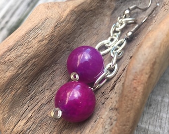 Plum Purple Stone and Chain Dangle Earrings