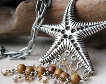 Ocean-Themed Starfish Necklace w/Petrified Wood and Crystal Beaded Fringe