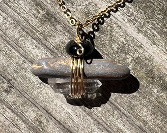 Handcrafted Slate & Quartz Pendant Necklace with Lampwork Bead