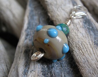 Sand and Sea Zipper Pull Charm  - Tan and Aqua Glass Lampwork and Cryoscholla Stone Beaded Charm