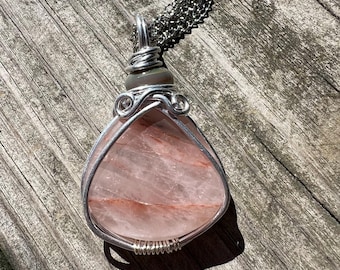 Handmade Rose Quartz Wire Wrapped Necklace with Lampwork Bead