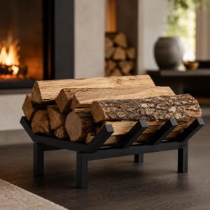 May include: A black metal log holder with a rectangular frame and four legs, filled with a stack of split brown firewood logs. The logs vary in size and texture, with some showing rough bark and others displaying smooth, light brown wood grain.