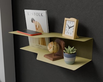 Modern Metal Wall Shelf with Magazine Holder, Minimalist 2-Tier Floating Nightstand, Metal Wall Trinket Holder, Plant- Telephone Metal Shelf