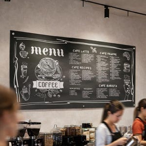Könnte beinhalten: Innenansicht eines Cafés mit einer Tafel, auf der die Kaffeeauswahl steht. Baristas bereiten Getränke hinter der Theke zu. Die Speisekarte enthält Kaffee-Illustrationen und das Wort "Coffee".