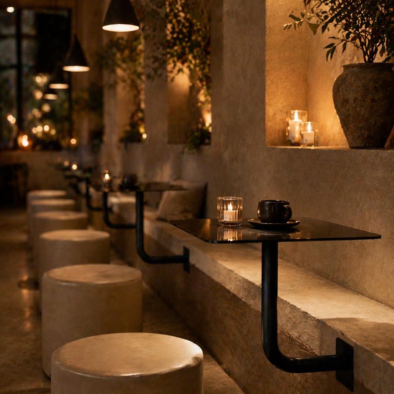 May include: Interior shot of a cafe with a row of beige stools and small black tables. A black coffee cup and a lit candle sit on one table. The walls are a neutral color with built-in seating and decorative plants. Overhead, black pendant lights illuminate the space.